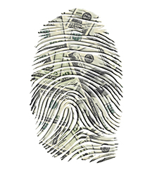 thumbprint with 100 dollar bills overlaid